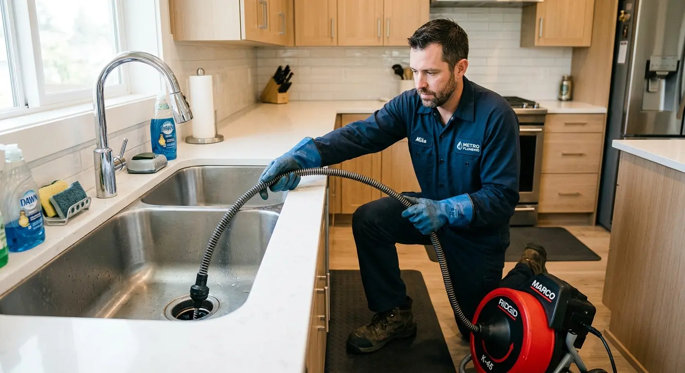 Drain cleaning technician using a motorized snake on a kitchen sink in Cameron