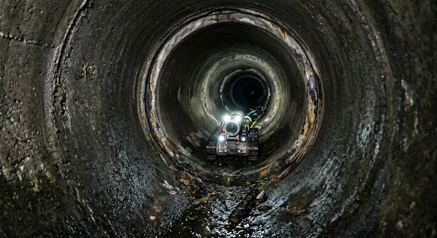 Robotic sewer camera inspecting pipe interior for Sewer Line Cleaning in Cameron