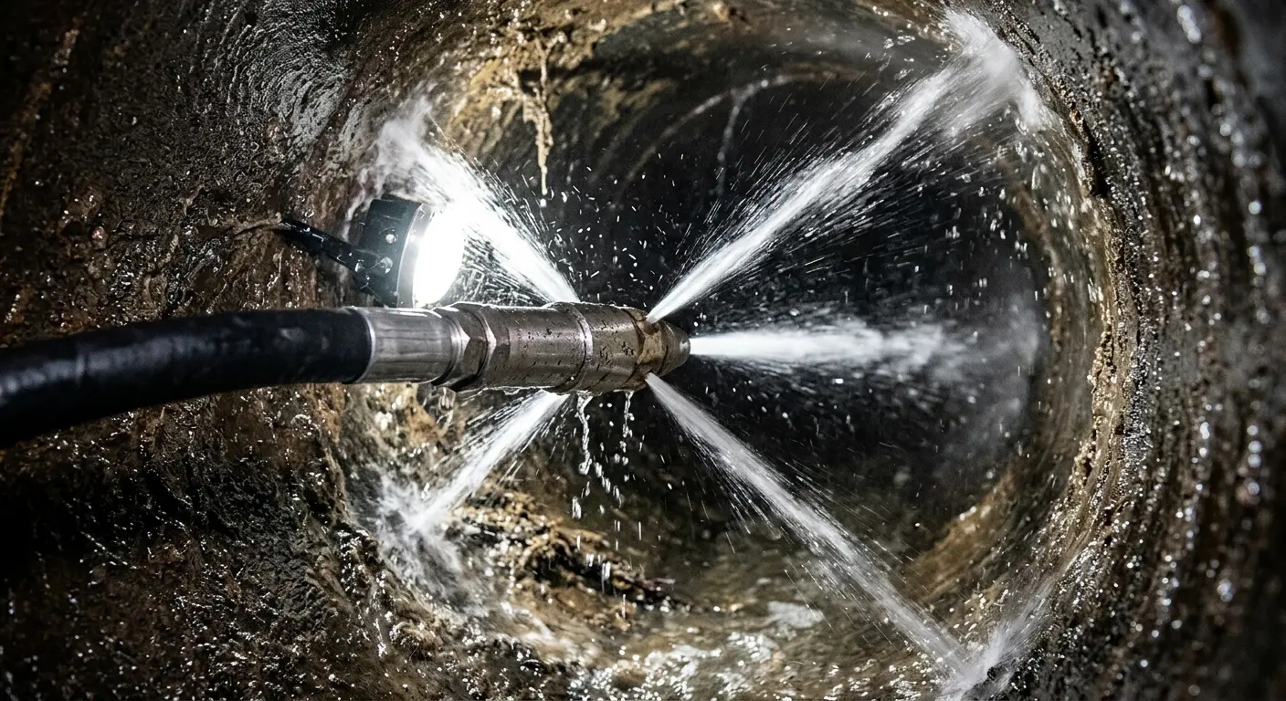 High-pressure hydro jetting nozzle cleaning sewer pipe for Trenchless Sewer Repair in Cameron