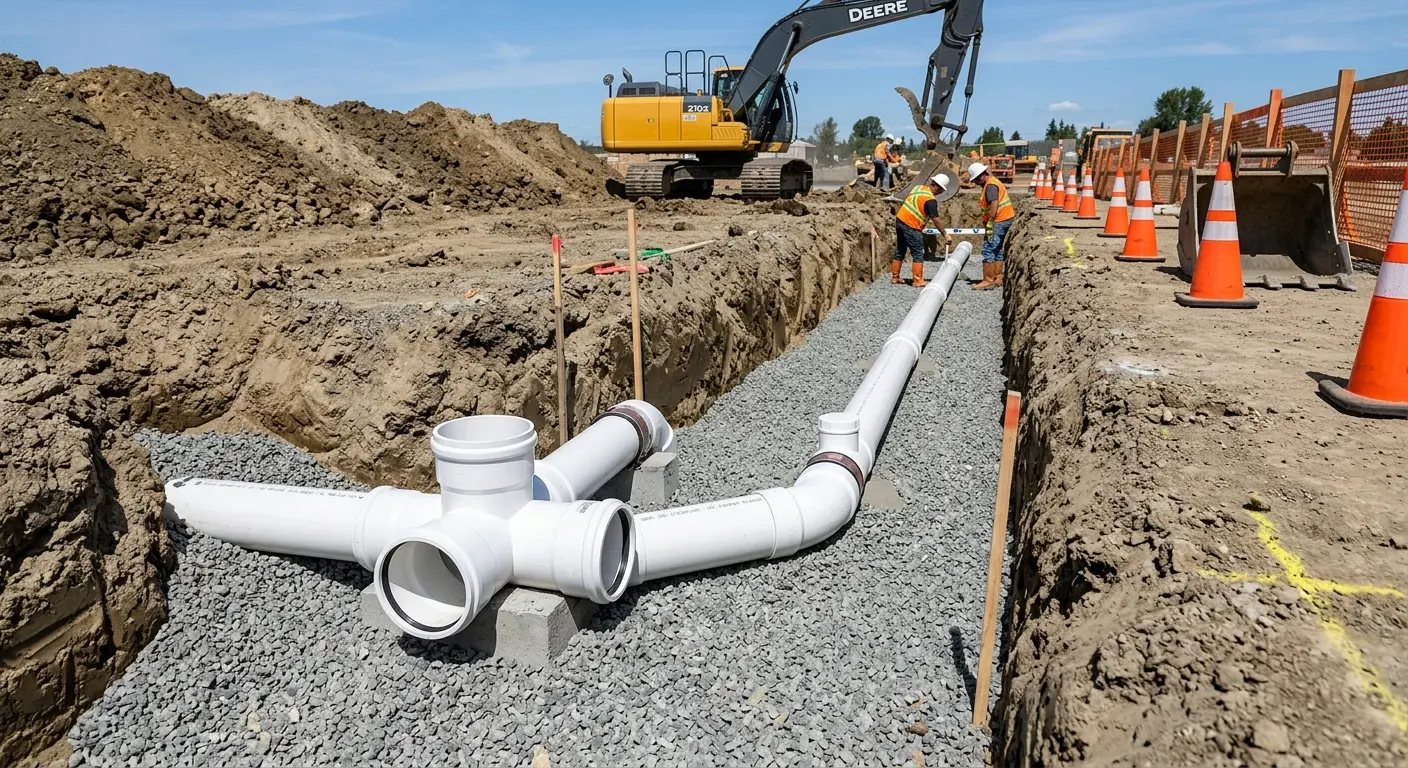 New PVC sewer pipe installation in open trench for Commercial Drain Cleaning in Cameron